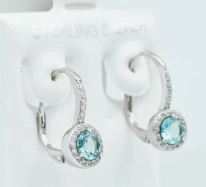 AQUAMARINE 2.18 Ct & WHITE SAPPHIRE DANGLING EARRINGS .925 Silver - New With Tag - Picture 1 of 2