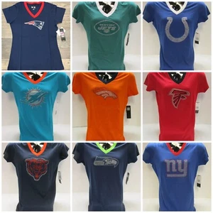 NFL Team Apparel Women’s Rhinestone Sequin V Neck T Shirt Pick Team & Size NWT - Picture 1 of 48