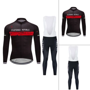 Men Cycling Long Jersey and Bib Pants Set Bike Outfits Shirt Pad Tights Trousers - Picture 1 of 12