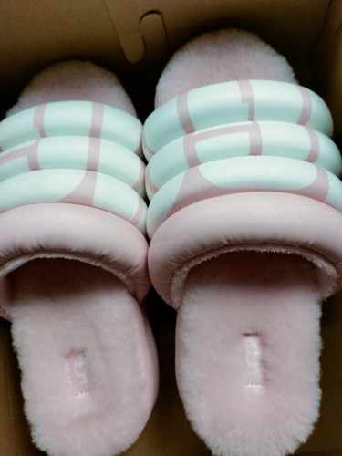 UGG MAXI SLIDE LOGO ROSA SLIDE SLIP ON SHEARLING PUFF SANDALO US 7