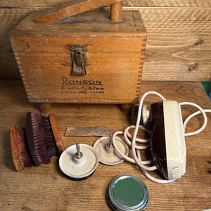 Pulidora de zapatos eléctrica vintage Ronson-Roto Shine en caja de madera de haya exhibición de utilería - Imagen 1 de 10