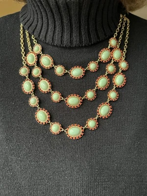 Triple Strand Necklace TALBOTS Light Blue Cabochons Surrounded By Tiny Red Beads - Image 1 of 4