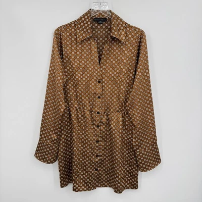 Sanctuary Camisa Mujer M Estampado Geométrico Satén Manga Larga Puño Mini Marrón Foto 1 de 4