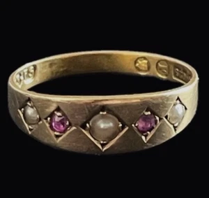 15ct 625 Antique Gold Pearl & Ruby Ring Size N 1.9g 1880s London Hallmark - Picture 1 of 24