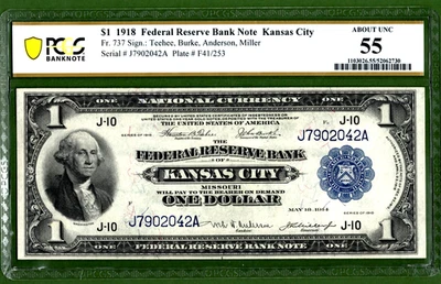 1918💲1  FRBN  🏛️ KANASAS  CITY  Fr-737  🏛️  PCGS 55 - Image 1 of 4
