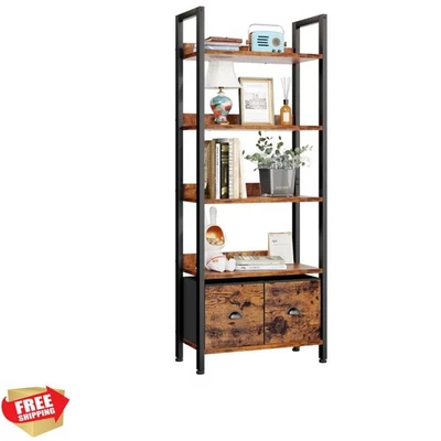 5-Tier Bookshelf, Tall Bookcase with 2 Storage Drawers, Adjustable Industrial... - Image 1 of 4