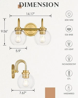 2-Light Brushed Gold Bathroom Vanity Light – Clear Globe Glass - Image 1 of 4