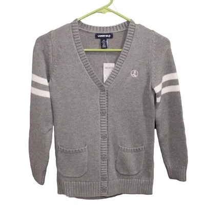 Lands' End Uniform Girls Size Small (7/8) Stripe Long Sleeve Cardigan, Pewter - Image 1 of 4