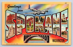 Vintage Postcard SPOKANE WA Large Letter Greetings Curt Teich Airplane T1 - Picture 1 of 2