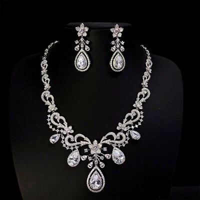 Luxury All CZ Cubic Zirconia Pearl Necklace Earrings Set For Women Bridal - Image 1 of 4