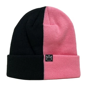 Jay Rauler Half BLACK PINK 2 Two Tone Split Beanie Knit Cuff Cap Hat Unisex ⭐️ - Picture 1 of 5