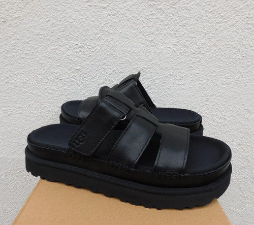 SANDALI SLIDE UGG PELLE NERA GOLDENS PLATFORM DONNA US 10 EUR 41 ~NUOVI CON SCATOLA