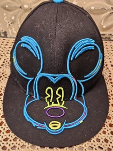 Disney Mickey Mouse Hat Adult's Adjustable Black Snapback Baseball Cap Neon Face - Picture 1 of 5