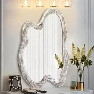 Unique Irregular Wall Mirror with Distressed White Frame – Modern Accent Decor - Picture 1 of 5