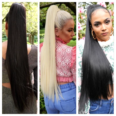 Extra long 30" straight drawstring ponytail wrap hairpiece Black Blonde Brown - Image 1 of 4