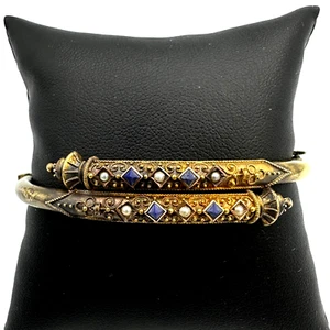BRACCIALE A CERCHIO ANTICO IN ORO MASSICCIO 9K CON MICROPERLE E LAPISLAZZULI - Foto 1 di 10