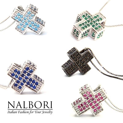 collana croce argento 925 3D mattonella scatolata pave' zirconi collier ciondolo - Immagine 1 di 4