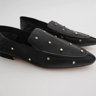 ZARA NEW 100% LEATHER STUDDED FLAT LOAFERS / MULES BLACK US 6.5 /  EU 37 - Image 1 of 4