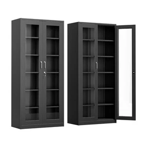 Black Multi-Use Metal & Glass Cabinet 71" Tall with Anti-Tip Lockable 5 Shelves - Picture 1 of 10