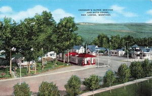 CARTOLINA IN LINO RED LODGE MT CROSSER'S BENZINA STATION E MOTEL LATO STRADA 100925 U - Foto 1 di 2