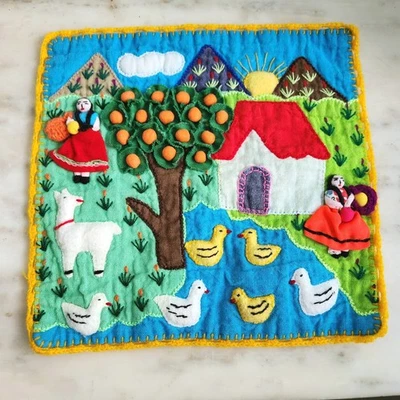 Peruvian Folk Art Tapestry Embroidered Orange Tree Wall Hanging Landscape - Image 1 of 4