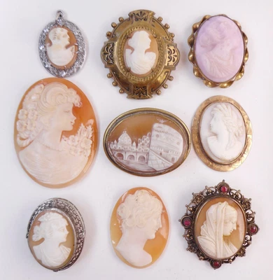 Antiguo Lote 9 Broches Camafeo Tallados Prendedores Carcasa Suelta Retrato Paisaje GF Plata Foto 1 de 4