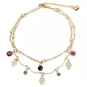 14k gold filled double row hamsa evil eye color stone anklet with extension - Picture 1 of 1