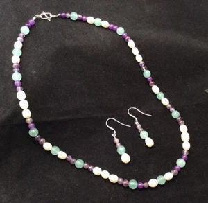Sterling Silver Amethyst Freshwater Pearl & Aqua Quartz Necklace & Earrings Set - Picture 1 of 9