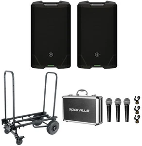 2) Mackie SRT215 15” 1600w Powered DJ PA Speakers+Transport Cart+3) Microphones - Picture 1 of 12