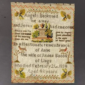 Antique Remembrance Needlework Sympathy Sampler 1854 Anne Bacon wife of James - Picture 1 of 21