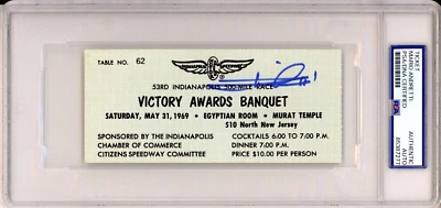 1969 Indy Indianapolis 500 Awards Ticket Signed Mario Andretti Win PSA DNA - Image 1 of 2