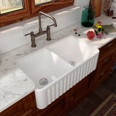 33x18'' Double Bowl Kitchen Sink Farmhouse Vessel Ceramic Basin +Grid, Strainer - Image 1 of 4