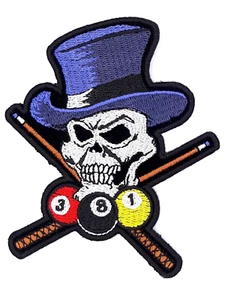 Pool Shark Skull With Top Hat Cues & Balls Iron On Sew On Patch 3.5" X 4" - Picture 1 of 2
