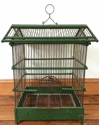 Vtg LARGE 19" Antique Victorian Boho Green Wood Rustic Metal Wire Bird Cage Cover