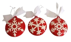 Lot Of 3 Ceramic Snowflakes Round  Large Red & White Christmas Ornaments  - Picture 1 of 4