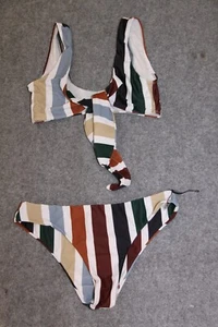 BIKINI SET GRÖSSE L WEISS BRAUN GRAU GESTREIFT VORNE GEBUNDEN PADS ZAFUL - Bild 1 von 2