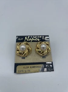NAPIER Pearl And Gold Flower GT Twisted Rope Adj Clip Earrings Original Card - Picture 1 of 8