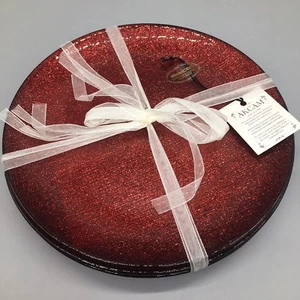4 Akcam Turkish Glass Dessert Plate Set Red Sparkle Glitter Christmas 8" NEW - Picture 1 of 6