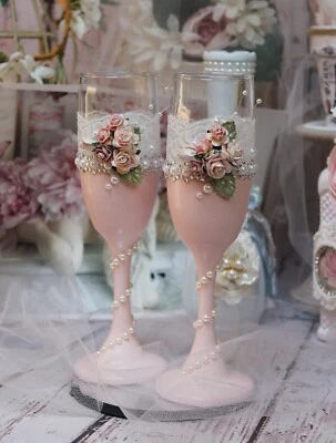 Shabby Chic Vintage Toasting flutes Wedding Bride and Groom Toasting Glasses Set - Image 1 of 4
