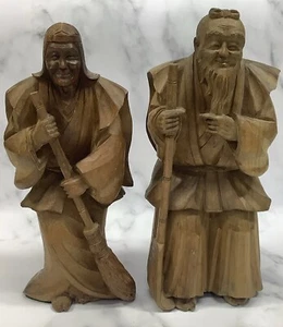 Vintage Japanese Hand Carved Wood Statues TAKASAGO Figures Couple - Picture 1 of 14