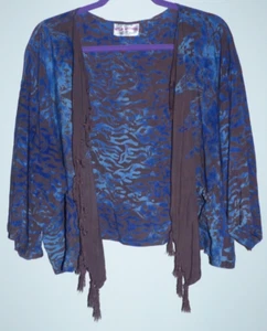 One Size Wild Thing WILD Wmn Blue Brown Batik Open Fringe Kimono Duster Cardigan - Picture 1 of 4