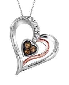 10K White Gold Chocolate Brown Diamond Heart Pendant Rose gold Accent .12ct - Picture 1 of 3