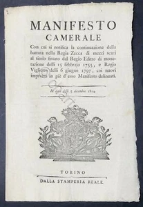 Regno di Sardegna Manifesto Camerale Regia Zecca - Battuta di mezzi scuti - 1814 - Foto 1 di 2