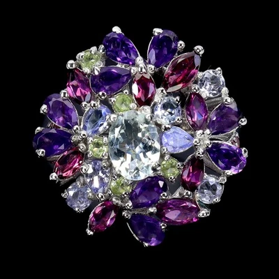 925 Sterling Silver Ring Oval Aquamarine Amethyst Tanzanite Gemstone Jewelry - Image 1 of 4