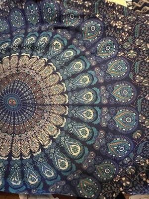 84x52 Cotton Block Print India Navy Colorful Sari, Tablecloth Fabric - Image 1 of 4