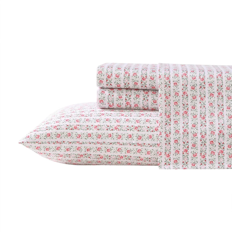 Juego de Ropa de Cama Laura Ashley Queen Rosa Rayas Algodón Satén 300 Hilos Foto 1 de 4