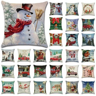 Festive Christmas Cushion Cover Featuring Charming Snowman And Santa Claus - Image 1 of 4
