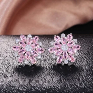 Silver Plated Cubic Zirconia & Padparadscha Sapphire Studded Stud Earring - Picture 1 of 4