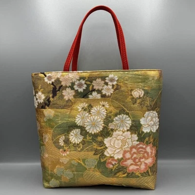 Bolso de Mano Kimono Obijime Hecho a Mano Remake Dorado Flor de Cerezo Ciruela Arce Foto 1 de 4