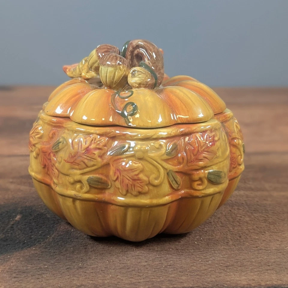 Pumpkin Trinket Box Fall Decor Autumn Leaves Acorns Ceramic Container - Image 1 of 4